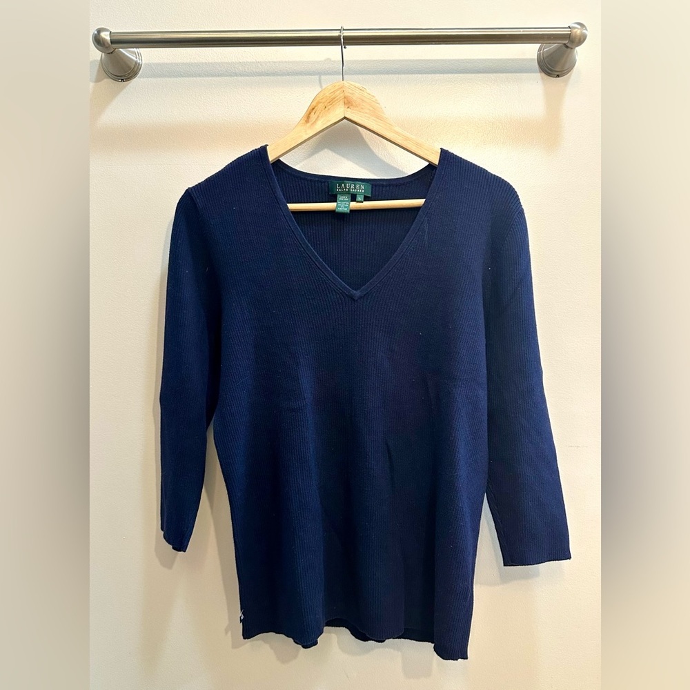 Lauren Ralph Lauren Women's Nile Blue 3/4 Sleeve V-Neck Sweater XL